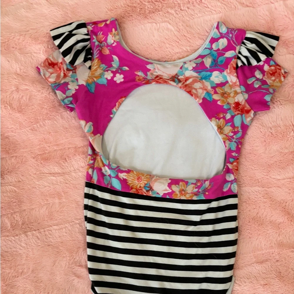 Girls Magenta Floral & Black Stripe Dance Leotard